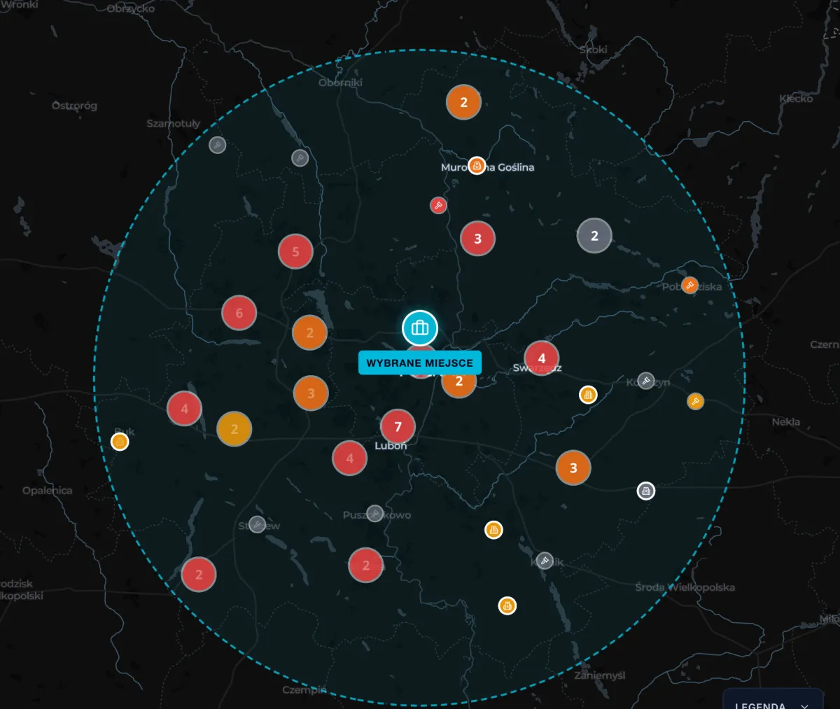 Mapa Budowo.pl z nowymi budowami w okolicy Poznania, zaznaczonymi kolorem według szansy na zlecenie